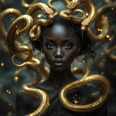 The primary subject of the image is a woman with a unique hairstyle, featuring a headpiece that resembles a snake. She is wearing a dress and has a striking appearance. The setting is a dark room, and the visual style is a digital art or illustration. The colors in the image are predominantly dark, with the snake headpiece and the woman's dress being the main focus. The overall atmosphere is mysterious and intriguing.